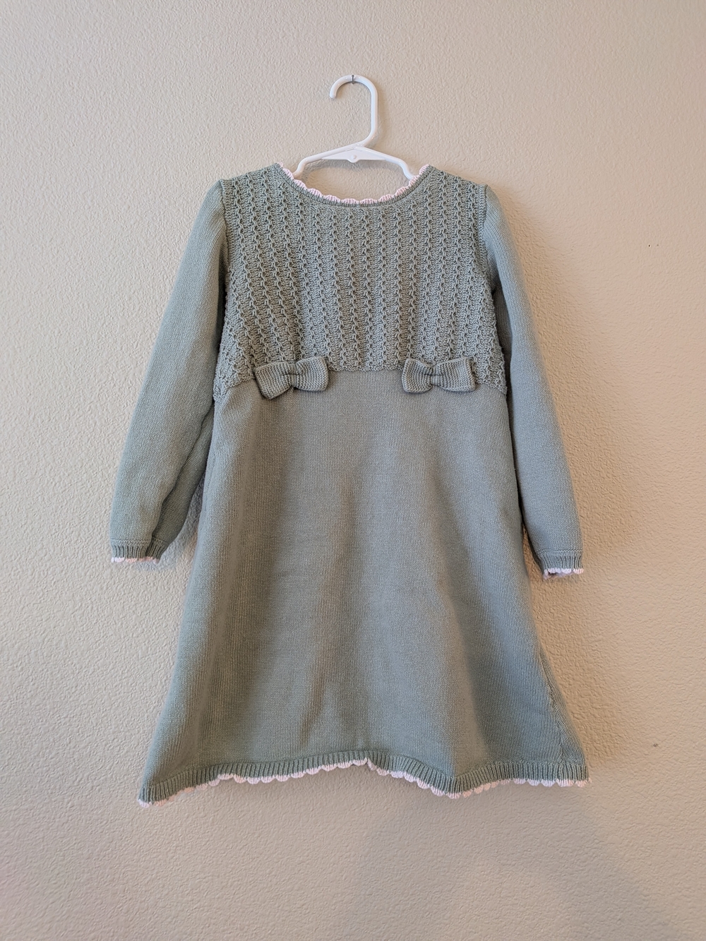 Soft Sage Knit Long-Sleeve Kids Dress with Bow Detail